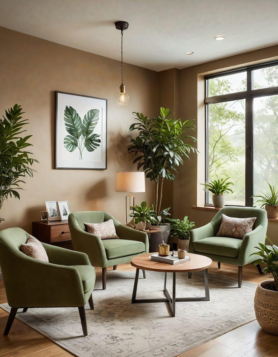 A warm and inviting scene depicting diverse individuals receiving personalized insurance consultations in a cozy office setting. Include soft lighting, comforting armchairs, and a friendly insurance agent attentively listening to clients' needs, surrounded by wellness-themed decor like plants and artwork. The environment should convey a sense of care and community, with elements representing well-being such as health symbols and supportive materials. super-realistic. warm color palette.