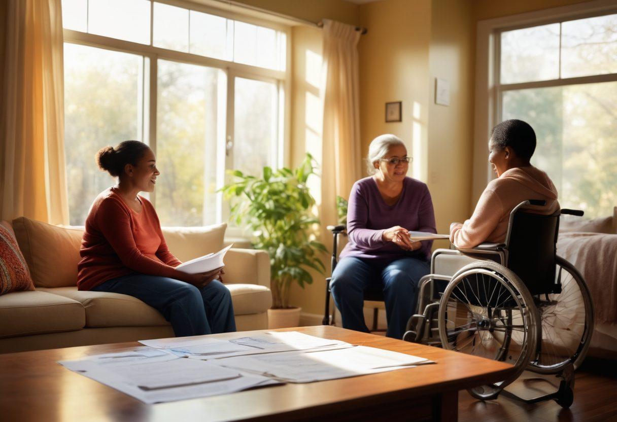 A warm, nurturing scene depicting a caregiver helping a person with a disability in a cozy, well-lit living room. Include diverse caregivers of different ethnicities showing compassion and teamwork, with life insurance documents subtly placed on a table in the background. Bright sunlight streaming through a window to symbolize hope and support. super-realistic. vibrant colors. soft focus.