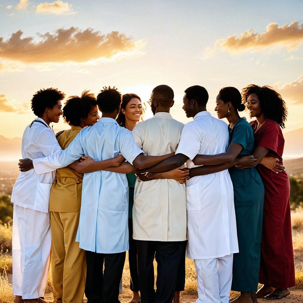 A diverse group of people, united in a warm embrace, symbolizing compassion and support. In the background, a serene landscape featuring a sunlit horizon, representing hope and well-being. Soft, soothing colors to evoke a sense of assurance and tranquility. Integrate symbols of healthcare and community, like stethoscopes and hands joining together. super-realistic. vibrant colors. peaceful atmosphere.